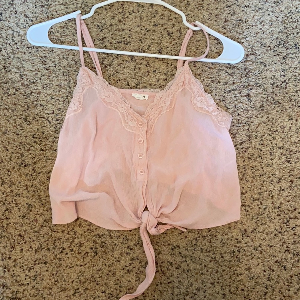Tied pink tank/ crop top with lace